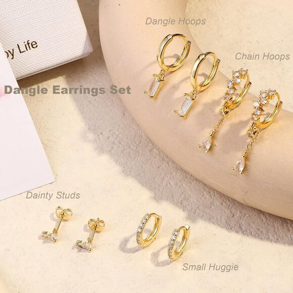 Small 14K Gold Hypoallergenic Dangle Hoop Earrings for Women, Pack of 3-4 Pairs - Picture 7 of 9